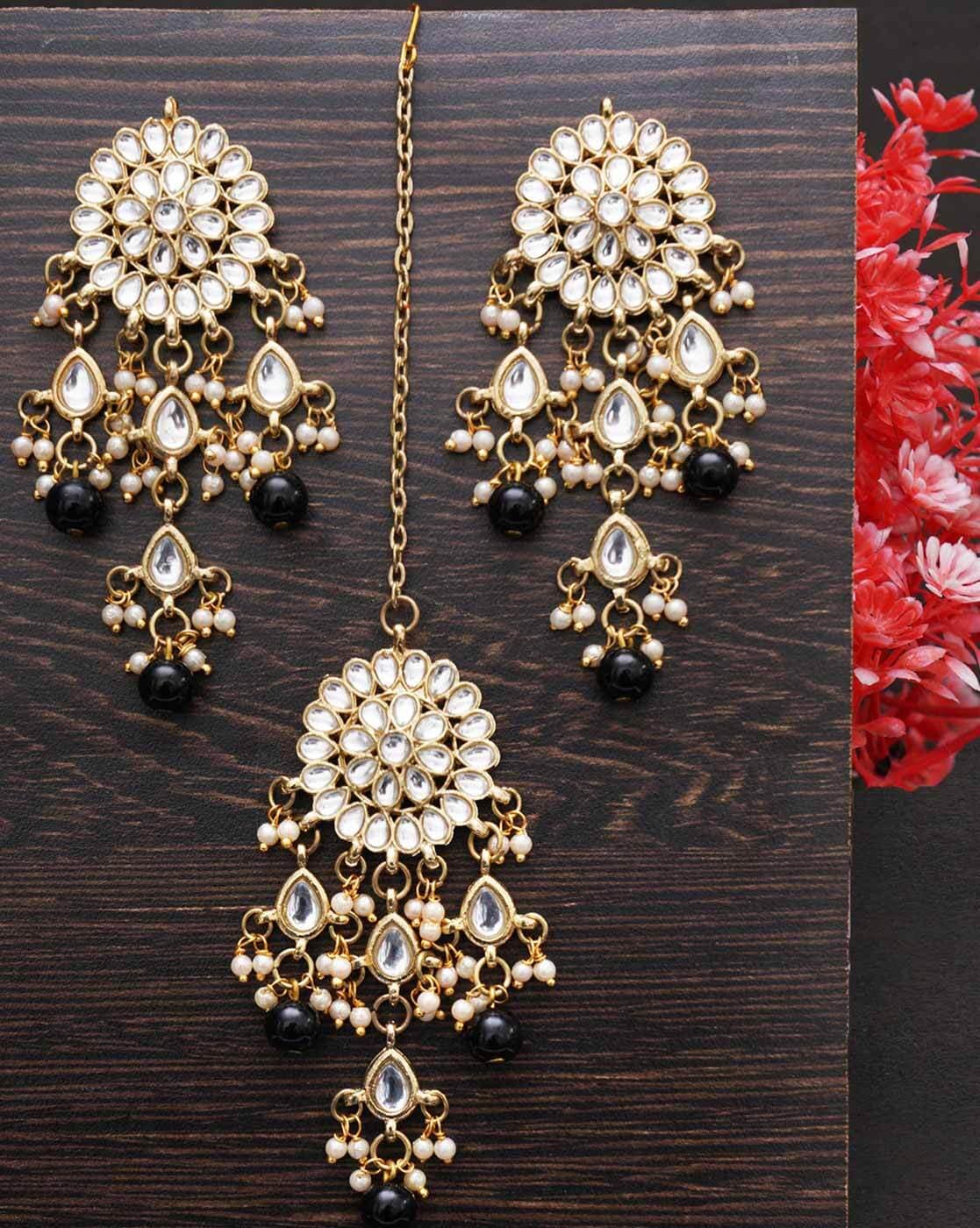 Black color kundan earrings - Jaipur Mart - 4290984