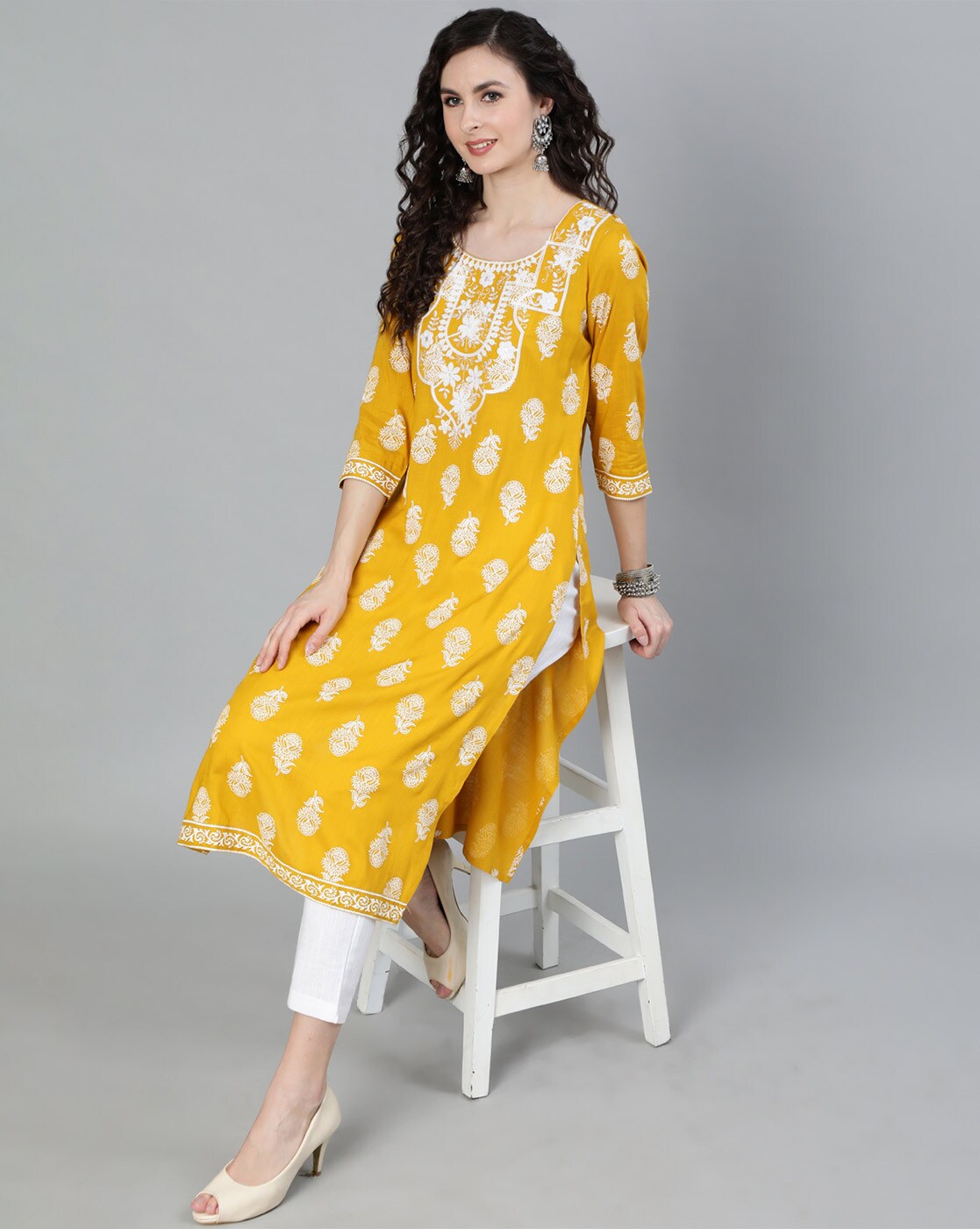 Parbani Women Charming Handcrafted Yellow Long Kurti  PARBANI