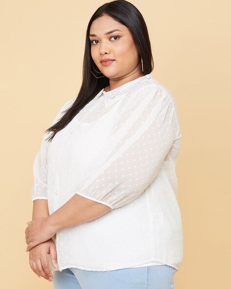 White sheer cheap blouse plus size