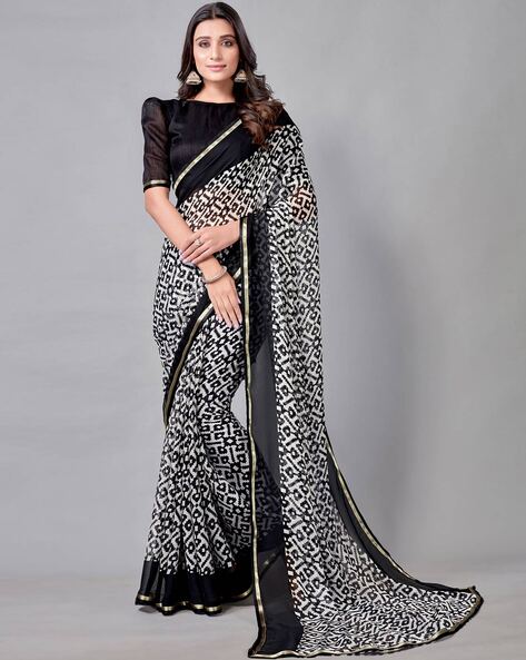 Chiffon saree black with allover prints, small zari border and printed-sgquangbinhtourist.com.vn