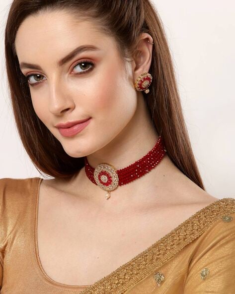 ZENEME Gold-Toned Kundan Choker Necklace Set With Earrings