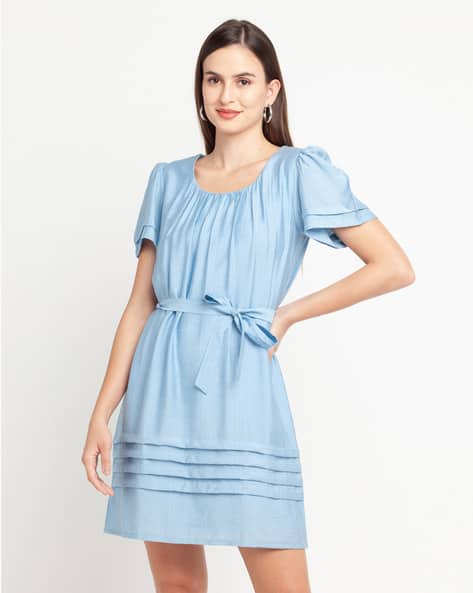 Zink London Solid A-line Dress with Waist Tie Up