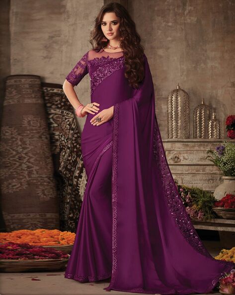 Purple Satin Drape Saree – Tirumala Designers