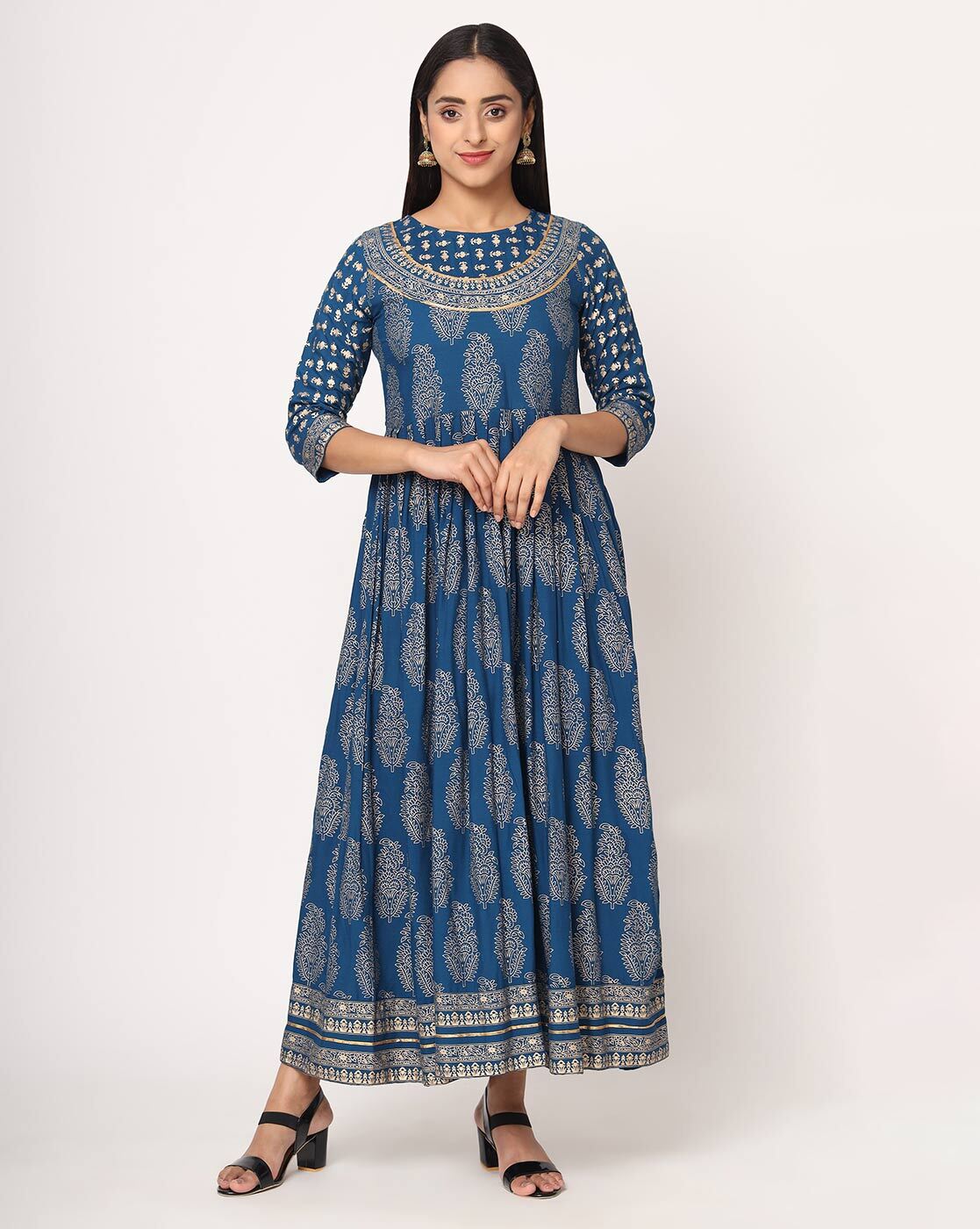 Blue roses- Indigo floral kurta/dress with box pleat – Label Raasleela