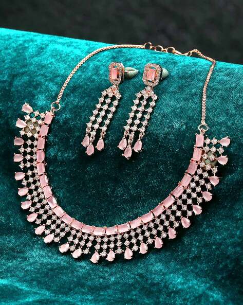 Indian Rose Gold Plated Mint Pink Diamond Necklace Jewellery Set for Women