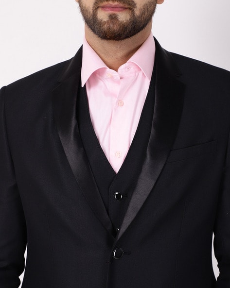 mens black suit with pink shirt