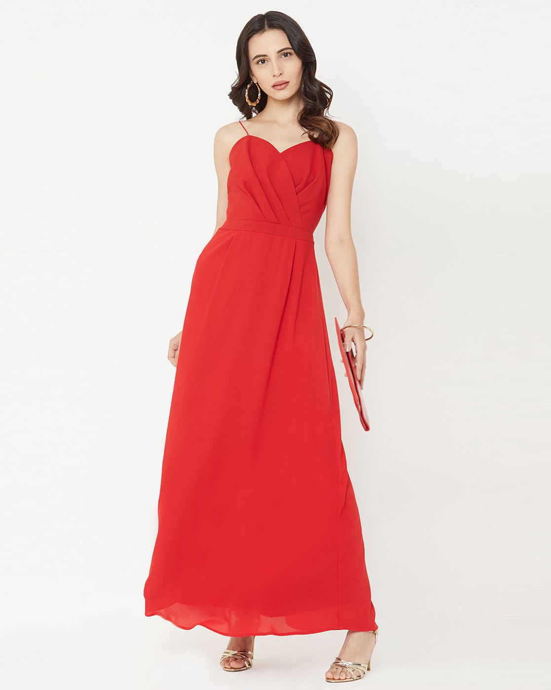 Charming Long Lace Sleeves Pleated Chiffon Long Red Maxi Dress –  iwearmystyle