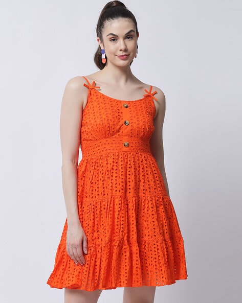 Orange Cotton Half Sleeves Dress With Thread Print