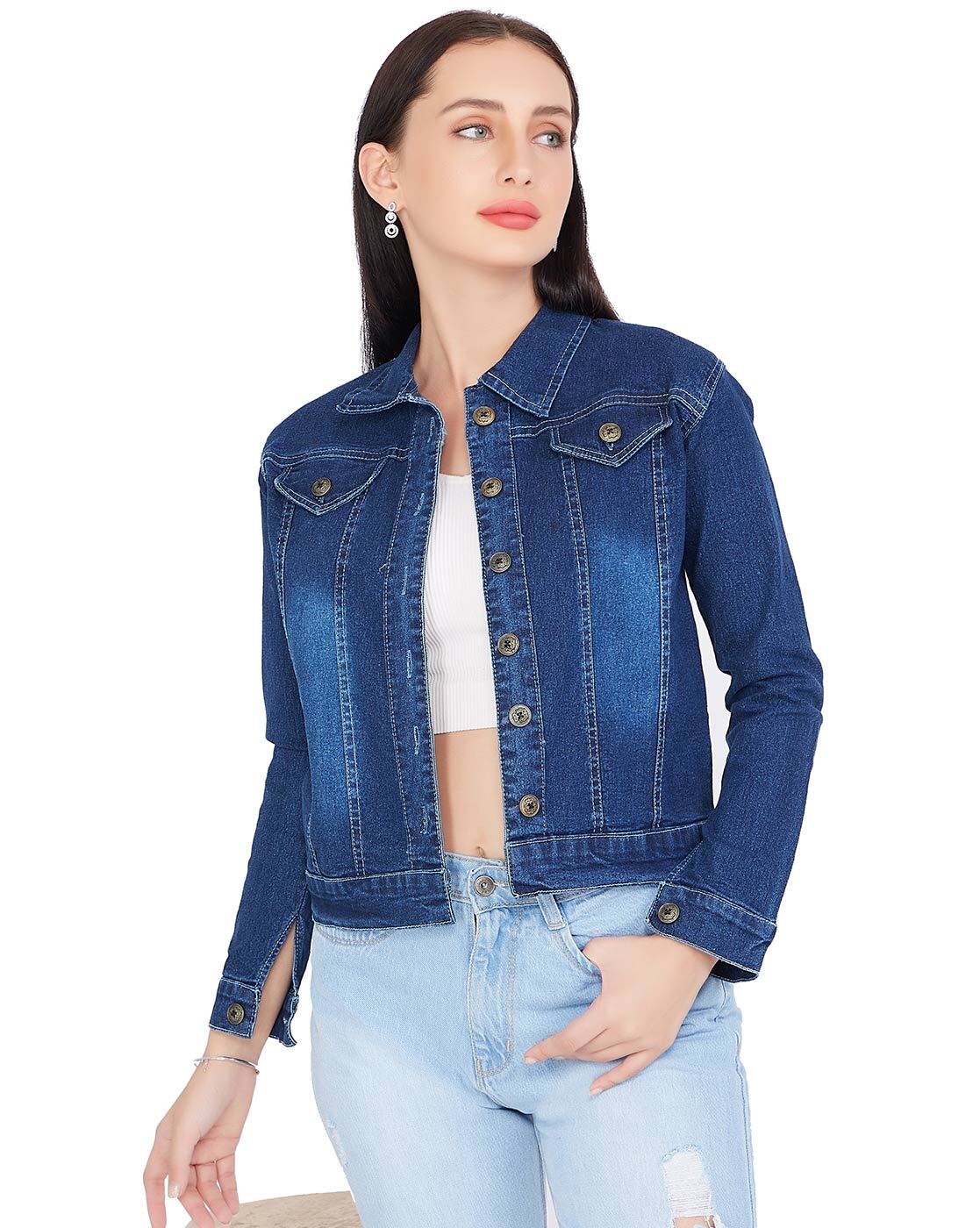 Buy Mast & Harbour Women Navy Blue Solid Denim Jacket - Jackets for Women  10135129 | Myntra