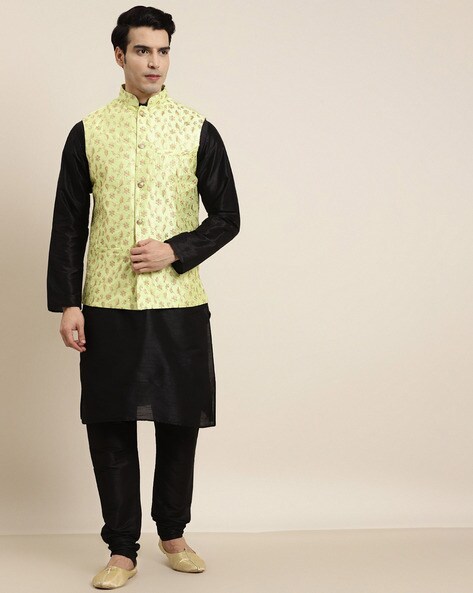 Black Pure Raw Silk Nehru Jacket and Kurta Pyjama with Aari Embroidery |  Angad Creations