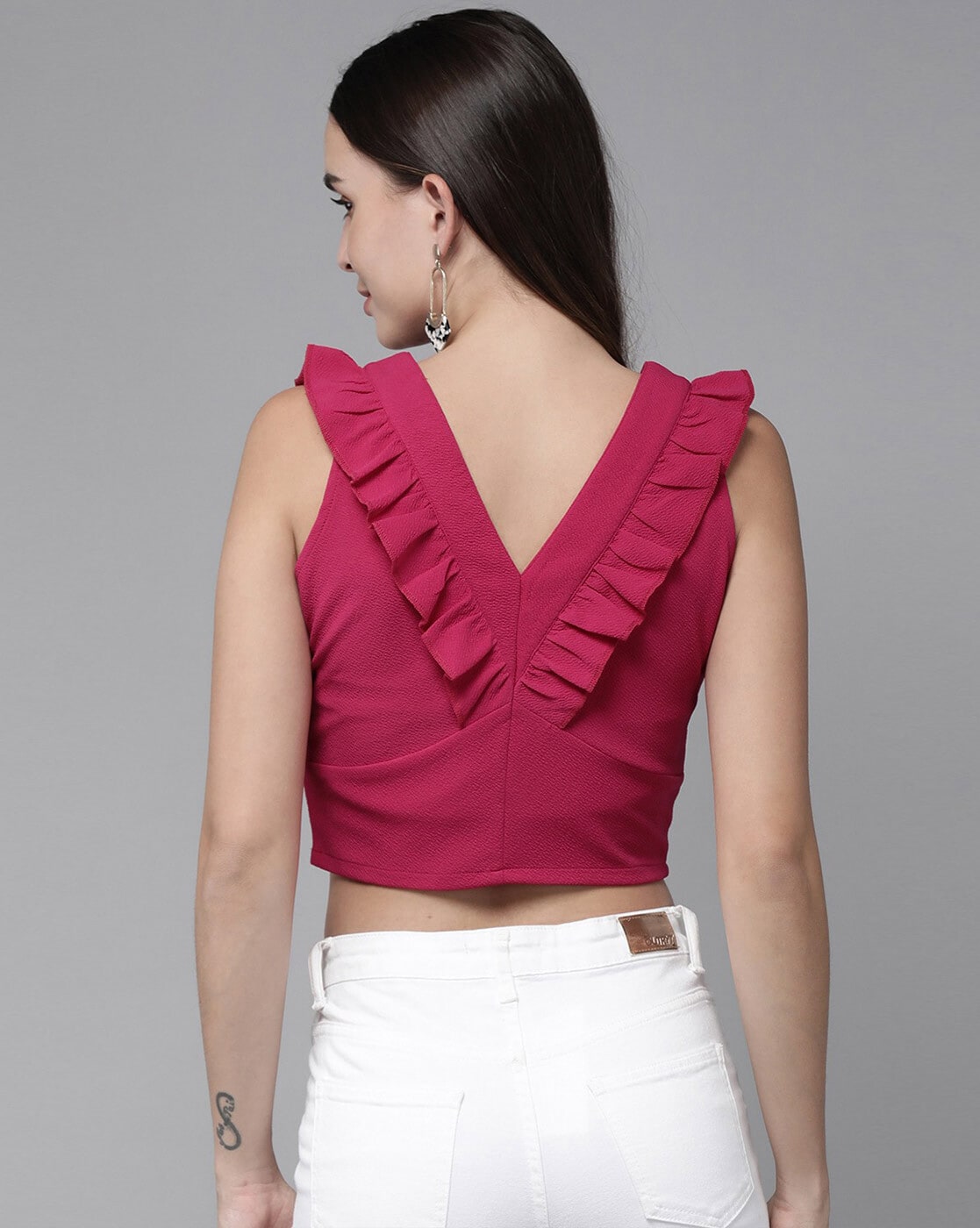 SHOWOFF Women's V-Neck Embellished Flared Sleeves Magenta Crop Top-TE-BM-3222_Magenta_M  : : Clothing & Accessories