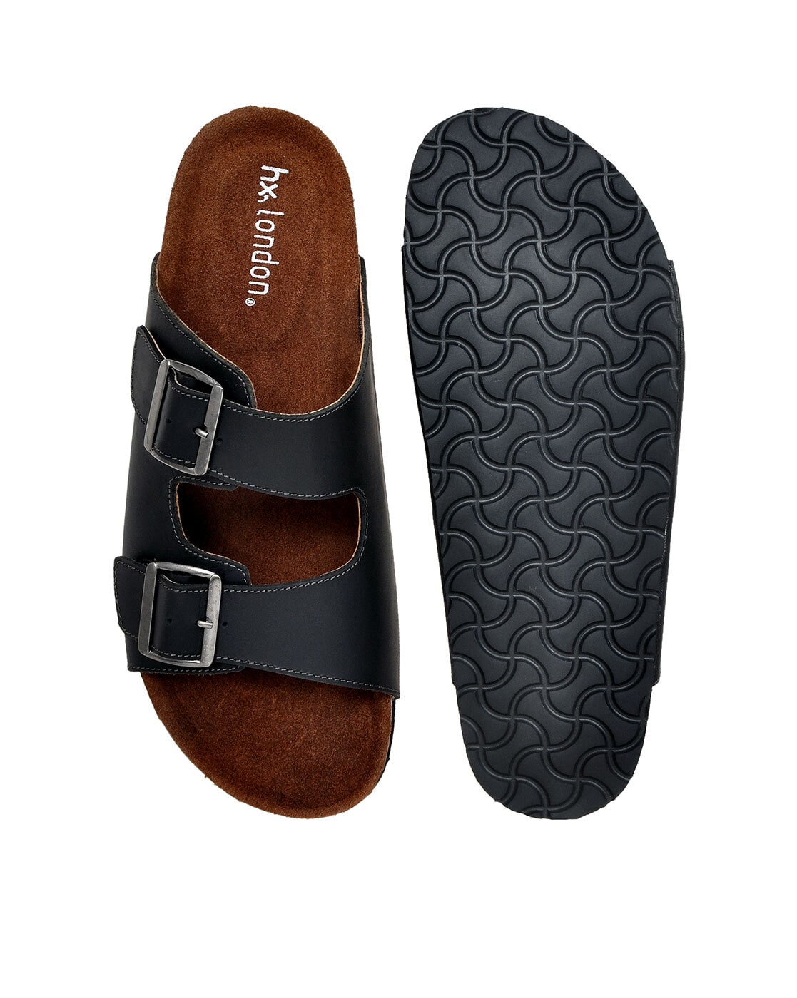 Licorice Black Leather Cross Strap Slides by Dune London | Look Again