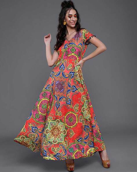 Aks women red hot sale printed maxi dress