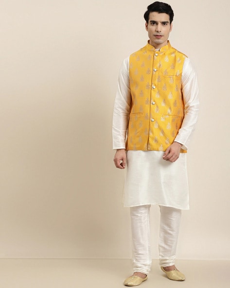 Men Red & Yellow Kurta with Churidar & Printed Nehru Jacket - KRAFT INDIA -  3738504