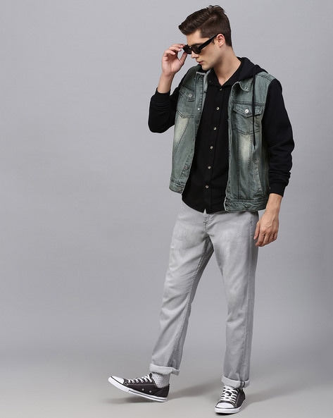 Men's Blue Denim Jacket, White Hoodie, Grey Wool Chinos, White Leather Low  Top Sneakers | Lookastic