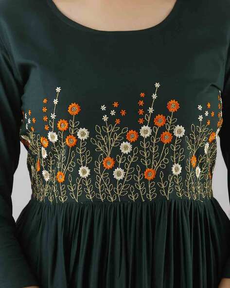 Herbs Green Floral Printed Summer Cotton Dress with Embroidery, Dresses, Green