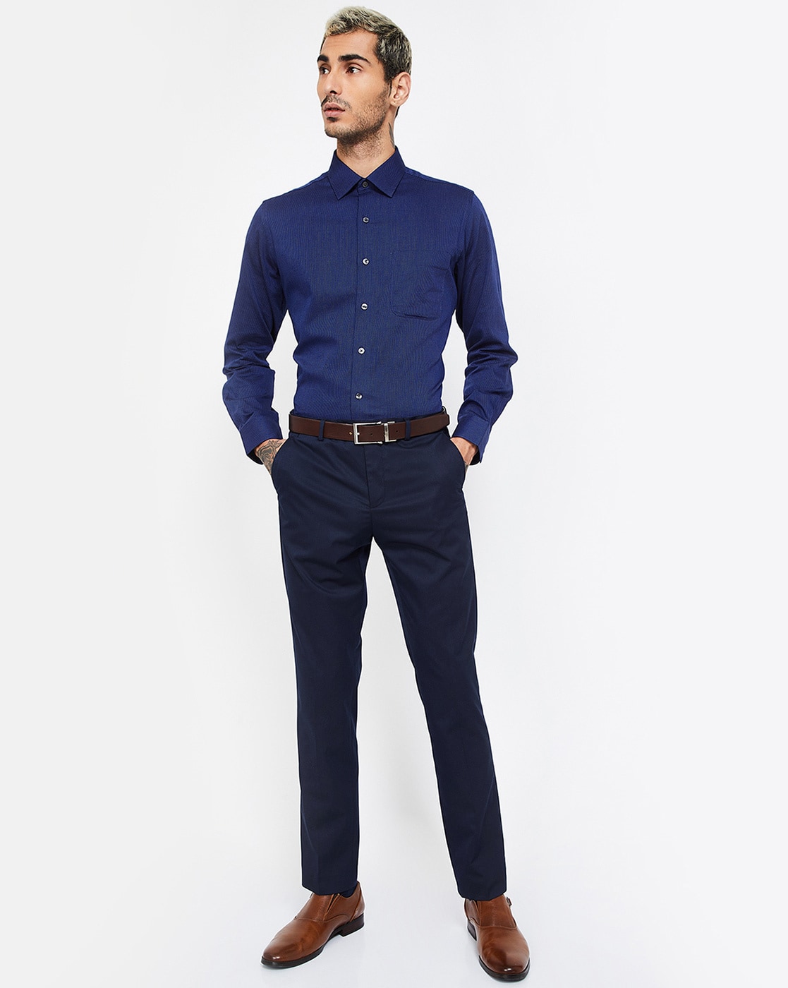 Trendy Navy Blue Shirt and Black Pants For Men