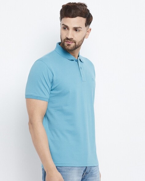 4 Four Squares Solid Men Polo Neck Blue T-Shirt - Buy 4 Four Squares Solid  Men Polo Neck Blue T-Shirt Online at Best Prices in India