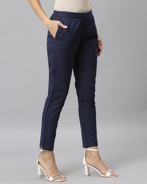 Navy Blue Solid Straight Pants