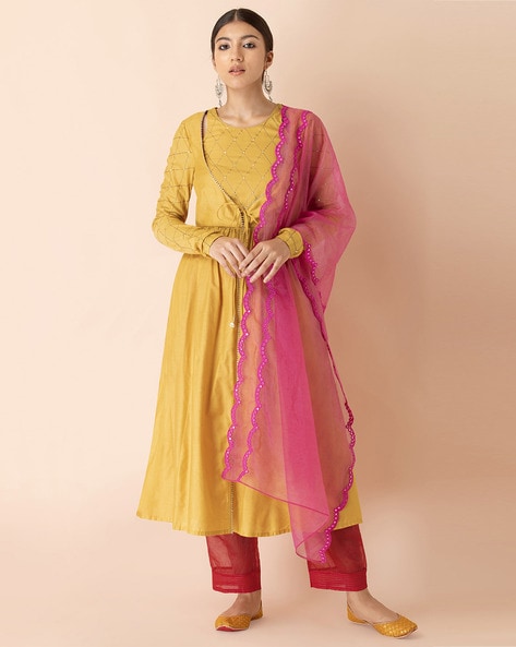 Buy INDYA Yellow Yellow Embroidered Cotton A-Line Kurta | Shoppers Stop