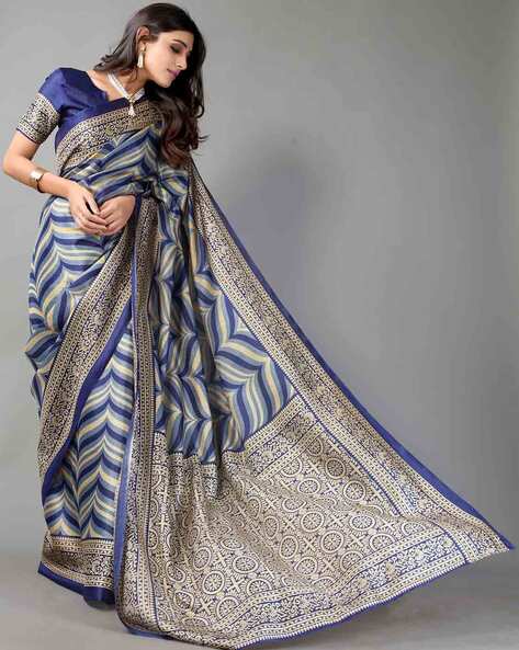 Buy online Pure Tissue Silk Saree with Kashmiri Embroidery Work - Blue-AF932