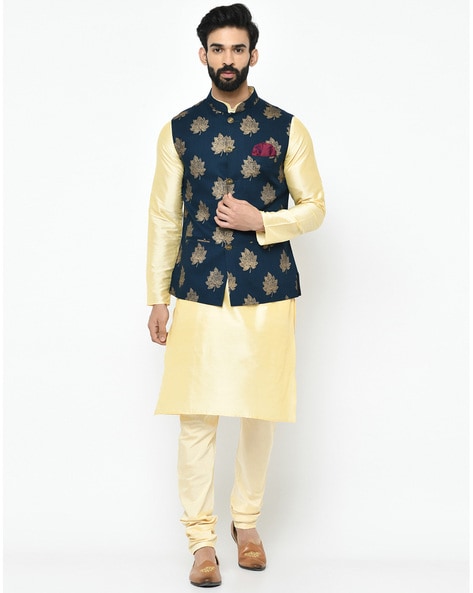 Shop Navy Blue Men Plain Kurta Churidar With Woven Jacket MKPA01363