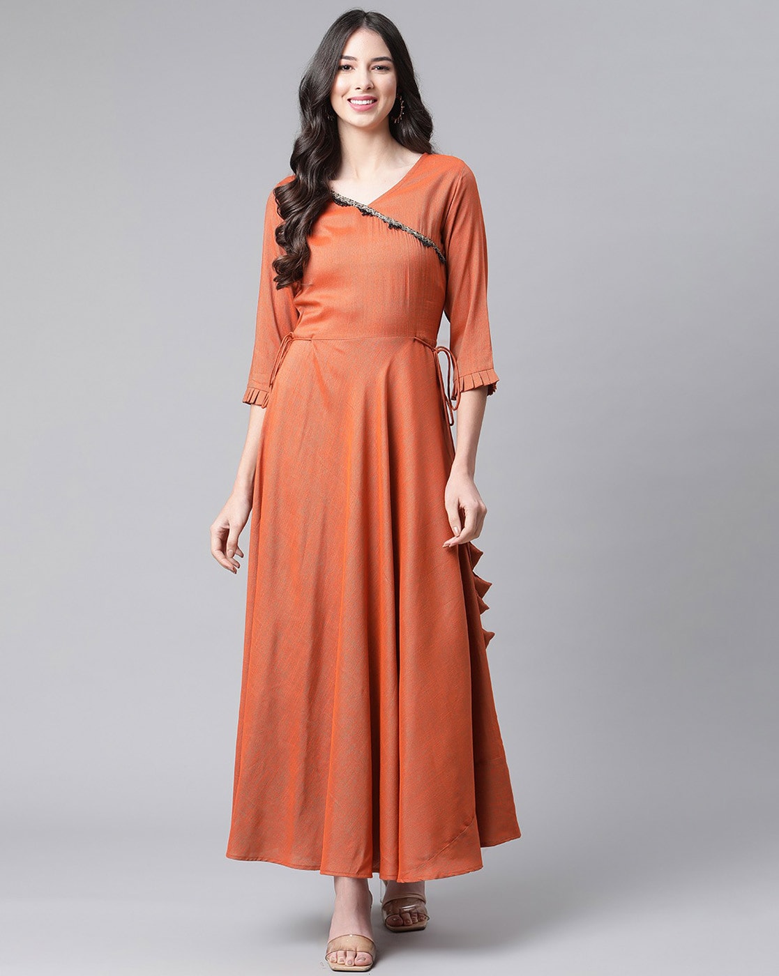 Orange Front and Neck Button Linen half sleeve knee high dress for women |  eBay