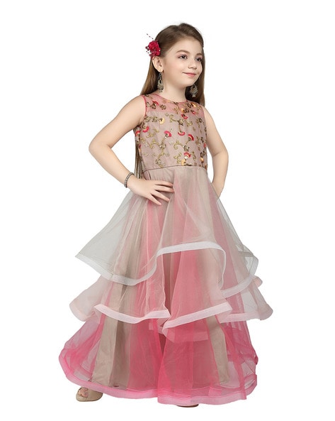Yellow Colour stylish Party Wear Georgette embroidery mirror work Frock  Kids Girls Wear Collcetion