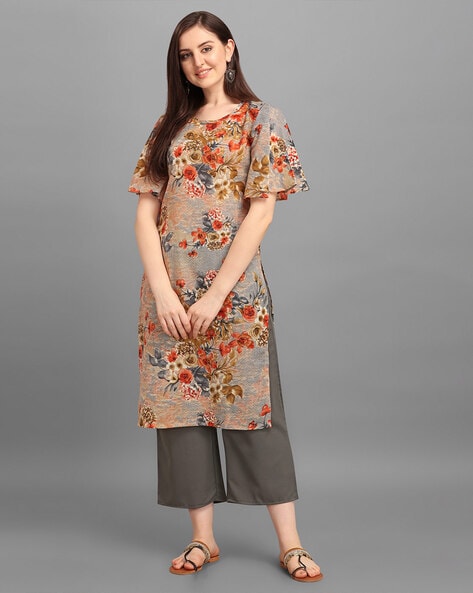 Yellow long kurti with floral prints and adda work - Kurti Fashion