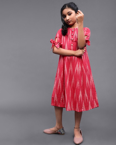 DESIGNER FROCK FOR GIRLS IN SANGUDI COTTON AND IKKAT FUSION -MOECBGF08 –  www.soosi.co.in