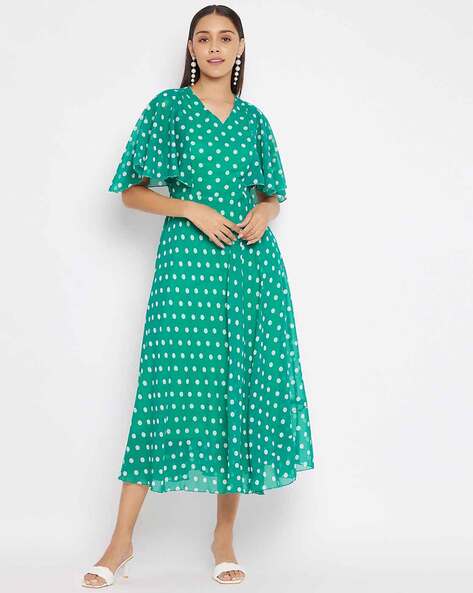 Wardrobe by Westside Dark Green Polka-Dot Dress With belt