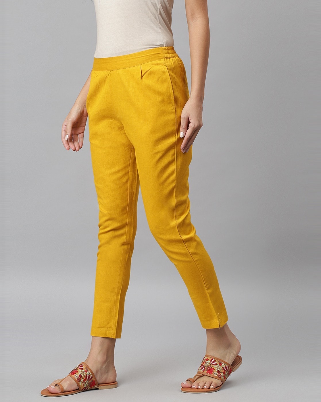 Buy HAMH Women's Cotton Straight Fit Ankle Length Elastic Waist Mid Rise  Casual Stretchable Trouser Pants with Double Side Pocket (Pants-Yellow-M)  Online at Best Prices in India - JioMart.