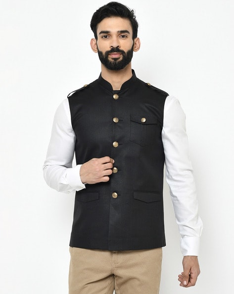 Buy Off White Silk Fancy Work Nehru Jacket Online : New Zealand -