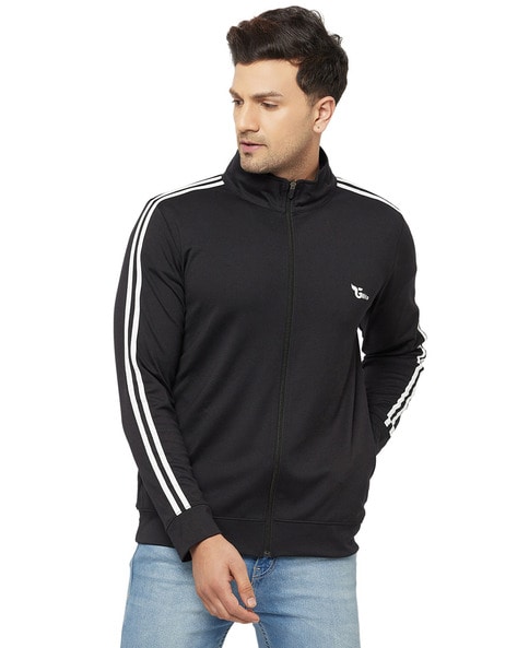 Black track jacket with white online stripes