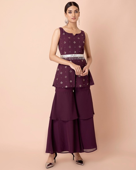 Jaipur Kurti Palazzo Sets  Buy Jaipur Kurti Red Embroidered Textured With Peplum  Top And Palazzo set Of 2 Online  Nykaa Fashion