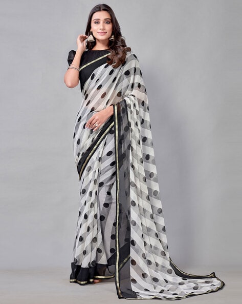 Banarasee Semi-Chiffon Saree With Silver Zari & Contrast Border Design