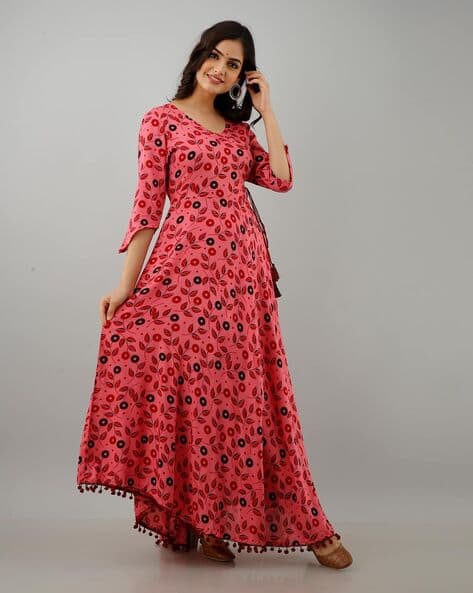 Floral Print Gown Dress with Pom-Pom Details