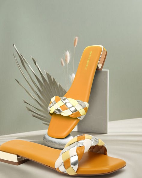 Women's Designer Cutout Yellow Nubuck Leather Flat Slip On Sandals Slides |  eBay