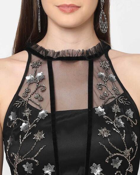 Buy Black Net Embroidery Sequin V Neck Gown For Women by Eli Bitton Online  at Aza Fashions.