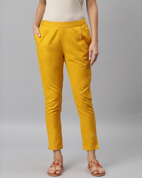 Buy ONLY Women Mustard Yellow Regular Fit Solid Regular Trousers  Trousers  for Women 2371903  Myntra