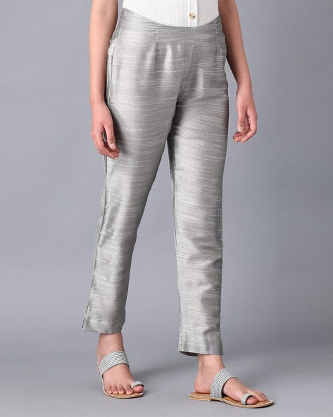 Plain Metallic Silver Trousers for Women