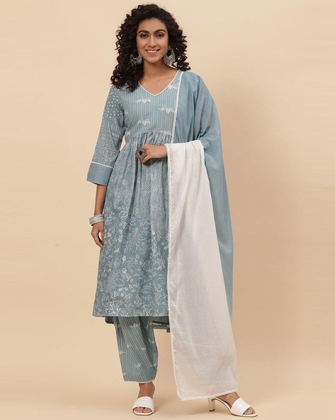 Floral Print Flared Kurta Set with Dupatta