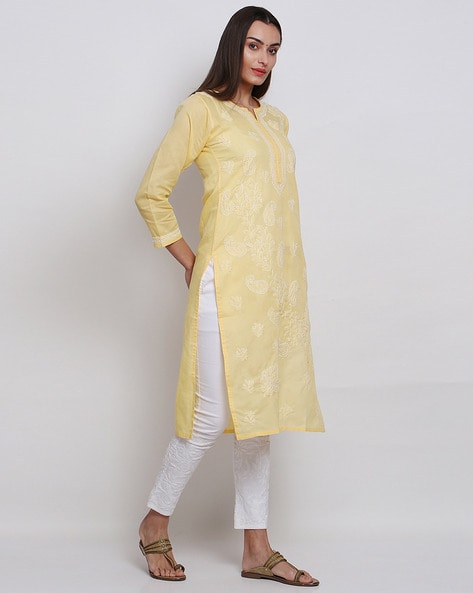 Lemon Yellow Square Neck Chikan Embroidery Cotton Top, Hand Wash at Rs  145/piece in New Delhi