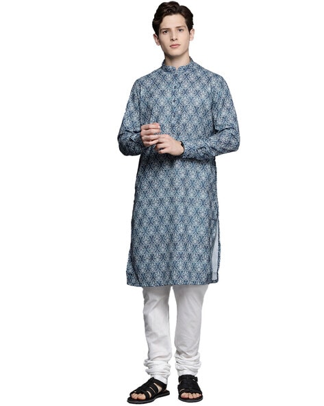 Micro Print Long Kurta with Mandarin Collar