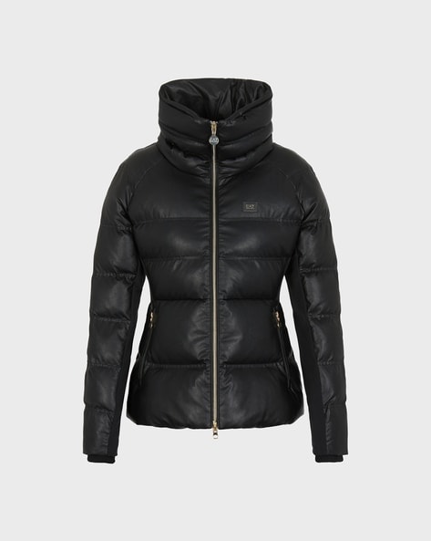 EMPORIO ARMANI Women Hooded nylon Jacket with lettering print — Silver Rivet