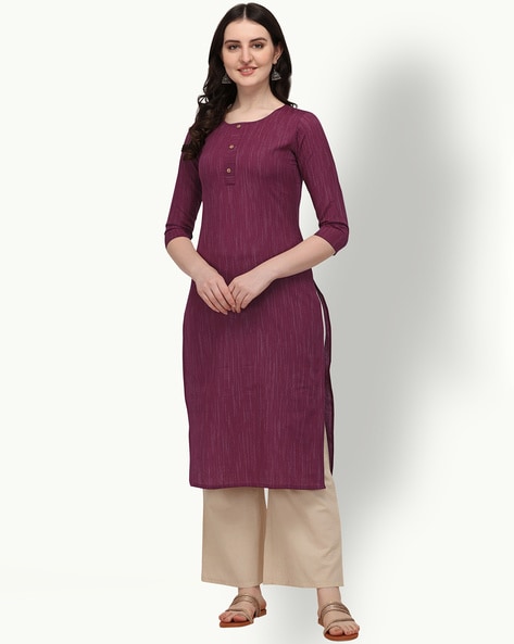 Cotton Fabric Sober Straight Kurti In Burgundy Color