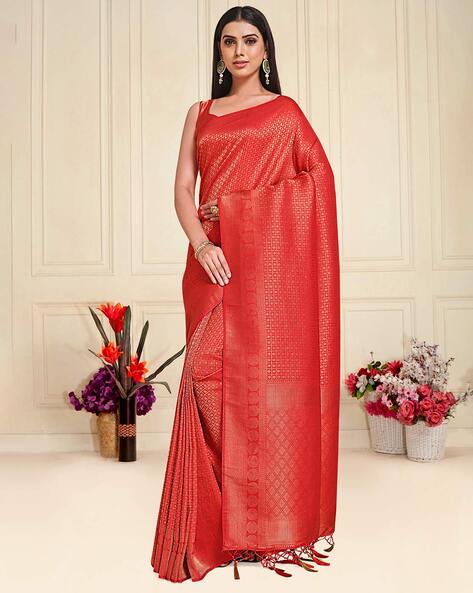 Handwoven Pure Katan Silk Red Banarasi Mughal Boota Saree – Khinkhwab