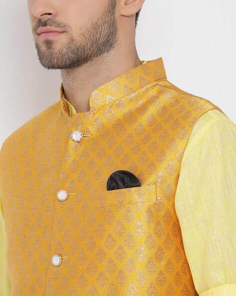 Turtle Men Rust Woven Self Design Nehru Jacket