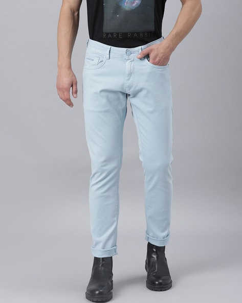 Rare Rabbit Men's Cube Blue Mid-Rise Mid-Wash Regular Fit Jeans