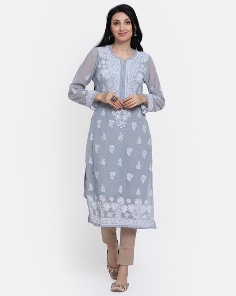 Pure Khadi Cotton Long Kurti With Chikan Embroidery Light Grey Blue Color   Chhangamal Chikan Industries